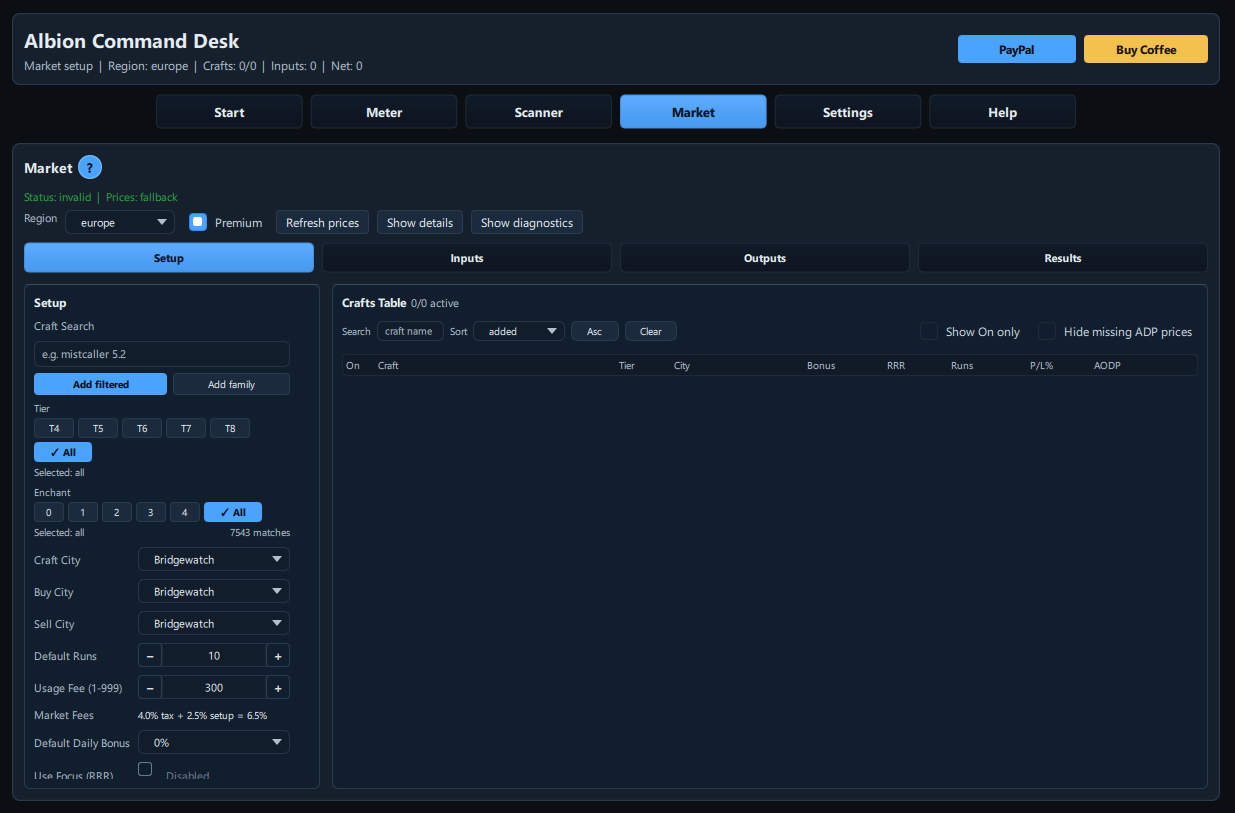 Albion Command Desk market tab with setup and crafts table