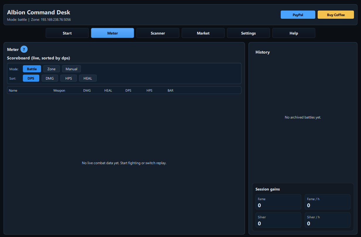 Albion Command Desk meter tab with live scoreboard and session gains