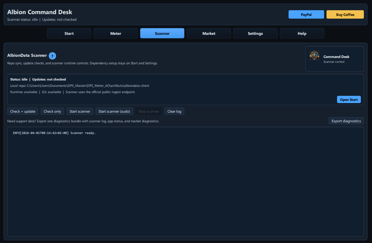 Albion Command Desk scanner tab with sync and runtime controls