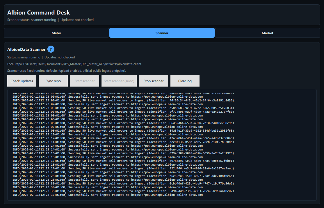 Albion Command Desk scanner tab with runtime diagnostics