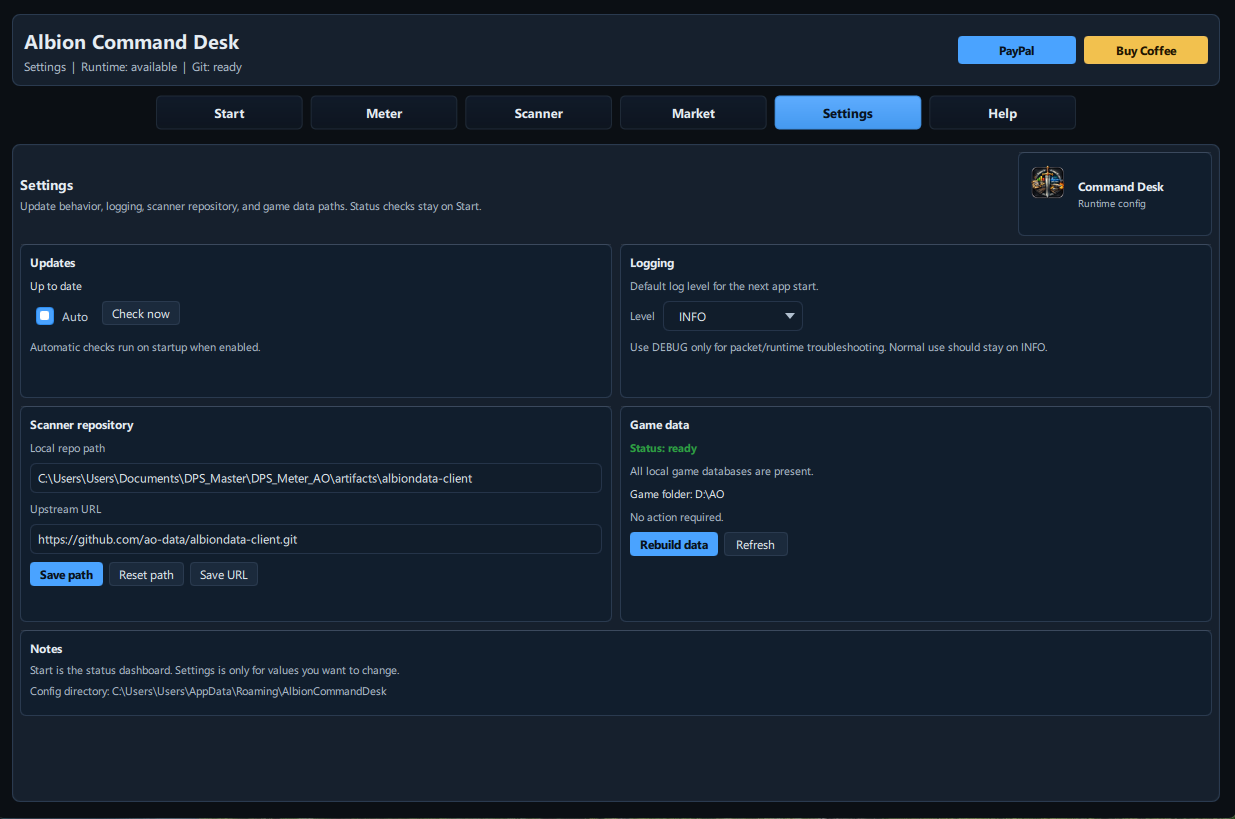 Albion Command Desk settings tab